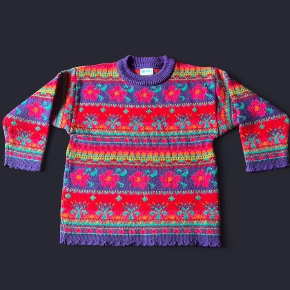 Vintage Carters Kids Floral Fair Isle Knit Sweater Purple Red Pink Crew Neck 4T